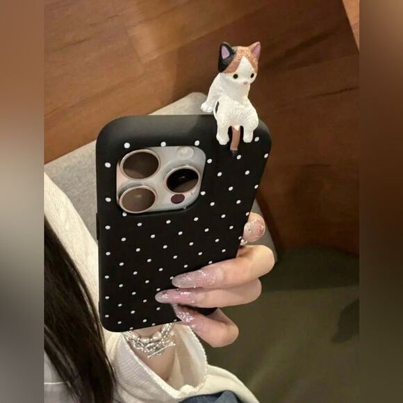 iPhone 16 Pro Max Case – Polka Dot Black with 3D Cat | Cute & Protective - Picture 1 of 7
